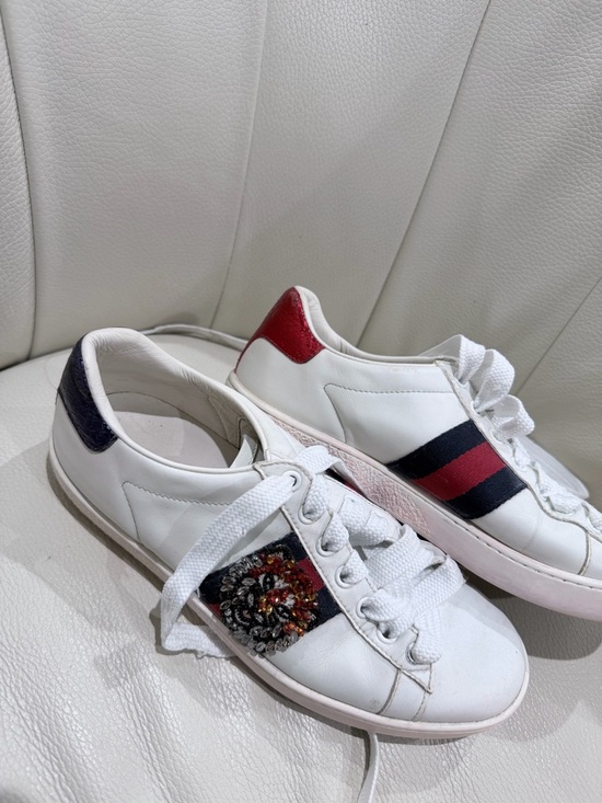 Gucci Shoes - Gucci White Leather Sneakers with Red & Navy Web and Embellishment